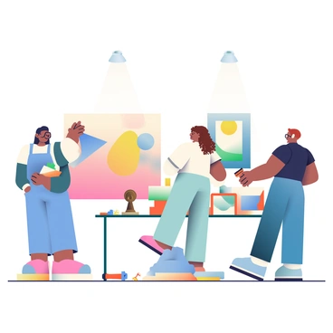 A group of four artists and curators is setting up an art exhibition in a spacious gallery. One artist, with short black hair, is carefully hanging a large abstract painting on the white wall. Another curator, wearing glasses and a blue apron, is positioning a bronze sculpture on a pedestal in the center of the room. A third artist, with long curly hair, is organizing smaller framed paintings on a nearby table, aligning them neatly. The fourth curator, dressed in a black shirt, is adjusting the lighting above the artworks, ensuring they are well illuminated. The floor is polished wood, and there are various tools like hammers and levelers scattered around, indicating an active installation process.