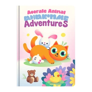 A vibrant book cover features a colorful background filled with soft gradient hues blending from pink to light blue. In the center, there are charming illustrations of various adorable animals. A smiling orange cat with big green eyes is playfully lounging beside a fluffy white bunny with pink ears. Nearby, a cheerful yellow duckling is waddling on a patch of grass, while a small brown teddy bear sits with a friendly expression. Bright flowers in shades of purple and yellow decorate the lower part of the cover, enhancing the playful theme. At the top of the cover, the title "Adorable Animal Adventures" is prominently displayed in bold, playful lettering.