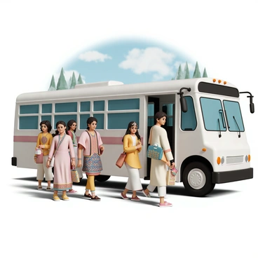 A diverse group of people, consisting of men, women, and children, are boarding a bus. Each person is dressed in traditional attire representing their respective cultures. The men wear colorful tunics and intricate patterns, while the women are adorned in elegant dresses with vibrant fabrics and accessories. Children are wearing a mix of traditional garments, showcasing their heritage. The bus is open, with the doors wide, and people are in the process of entering, carrying bags filled with cultural items. The atmosphere is lively and filled with excitement as they prepare for a cultural festival. The background shows a clear blue sky and a few trees, emphasizing a festive atmosphere.