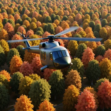 An NH90 helicopter in flight, viewed from above, showcases its sleek design and rotor blades in action. Below, a vibrant autumn forest displays a rich tapestry of colors, including shades of red, orange, yellow, and green. The treetops are densely packed, creating a lush canopy that contrasts beautifully with the gray and black fuselage of the helicopter. Sunlight filters through the foliage, casting dappled shadows on the forest floor. The scene captures the dynamic motion of the helicopter against the peaceful backdrop of the changing leaves.