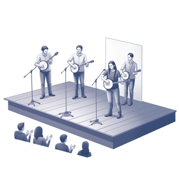 A wooden stage set in an outdoor venue. Several musicians are positioned on the stage, each playing banjos. The musicians are dressed in casual, country-style clothing. The audience, seen in the foreground, appears engaged and lively, clapping and enjoying the performance. There are microphones and musical stands on the stage, as well as a backdrop featuring a simple design. The scene captures the energy of the concert atmosphere with visible instruments and audience interaction.