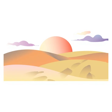 Rolling sand dunes with soft curves are spread across the foreground, their golden grains reflecting the warm hues of the setting sun. In the background, the sun is low on the horizon, casting an orange and pink glow across the sky. Shadows of the dunes stretch out in front, creating a pattern of light and dark on the sand. A few wispy clouds are visible, tinted with shades of purple and red, adding depth to the sky above the desert landscape. The air appears still, capturing the serene beauty of this tranquil moment in the desert.