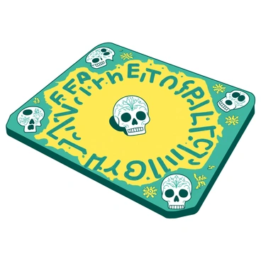 A duotone Ouija board features intricate sugar skull motifs in vibrant designs. The board has a rich yellow background with bold teal lettering, showcasing the letters and numbers typical of a Ouija board layout. Surrounding the letters are decorated sugar skulls with various patterns in teal and yellow, each adorned with flowers and designs that represent Día de los Muertos. The planchette is centrally placed, designed with a sugar skull pattern in matching colors, ready to be used in a mystical session.