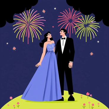 A couple stands together, dressed in elegant ball gowns. The woman wears a flowing, royal blue gown adorned with silver sequins, while the man is in a classic black tuxedo with a white shirt and a black bow tie. They gaze up at a spectacular display of fireworks that burst into vibrant colors against the dark night sky. The fireworks create shapes and patterns of bright reds, greens, and yellows, filling the atmosphere with light and excitement. The couple is positioned on a grassy hill, with silhouettes of trees framing the scene behind them. The ground is dotted with small flowers, adding a touch of color to the foreground.