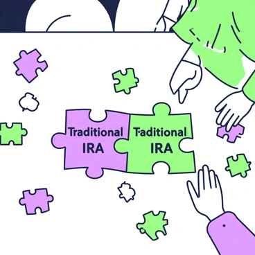 A tabletop scene shows a partially completed jigsaw puzzle. The center of the puzzle features two pieces that are clearly labeled with the words "Traditional IRA" and "Roth IRA" in bold letters. Surrounding these pieces are additional puzzle pieces scattered across the table, some of which are flipped over, showcasing their blank sides. Natural light illuminates the scene, casting subtle shadows on the wooden surface of the table. In the background, a pair of hands are seen carefully placing another puzzle piece into the puzzle.