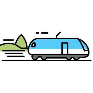 A sleek high-speed train, painted in a vibrant blue and silver color scheme, is moving rapidly along the tracks. The train features aerodynamic design elements, including a pointed nose and smooth curves. Behind the train, the background is a blur of green trees and distant hills, emphasizing the incredible speed of the train. The tracks beneath are straight and shiny, reflecting the sunlight.