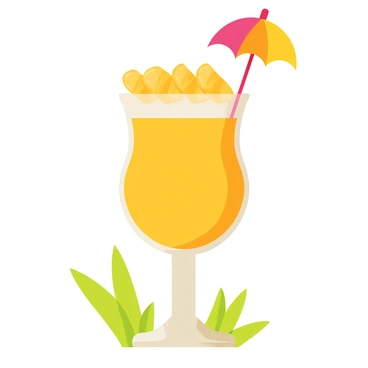 A colorful tropical cocktail served in a clear glass filled with a vibrant yellow liquid. The cocktail is garnished with several fresh jackfruit slices neatly arranged on the rim of the glass. A small, decorative umbrella in bright colors stands out, added to the drink for an extra festive touch. The background features hints of green palm leaves, enhancing the tropical theme.