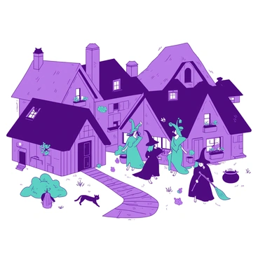 A purple neighborhood of small cottages with thatched roofs is bustling with activity. Each cottage is uniquely shaped, with colorful windows and blooming flower boxes. Witches with flowing robes in varying shades of teal are standing outside their cottages, waving cheerfully to one another. Some witches are holding brooms, while others have small cauldrons bubbling on their porches. The atmosphere is lively, with a few cats lounging on the cobblestone paths that wind through the neighborhood, and patches of grass dotted between the cottages.