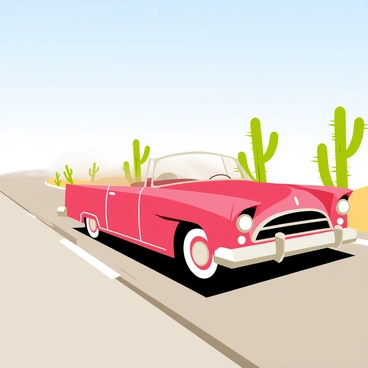A vintage red car with shiny chrome details is speeding down an endless desert highway. The car has whitewall tires and classic round headlights. On the roadside, there are tall green cacti with spines, standing against the clear blue sky. The asphalt of the highway stretches into the horizon, creating a sense of vastness. The sun casts sharp shadows of the cacti and car on the ground. Dust is kicked up behind the car, enhancing the sense of speed as it races through the arid landscape.