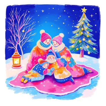 A family is gathered outside on a cold Christmas night. They are bundled up in colorful blankets, huddled together for warmth. The parents are sitting on a large fluffy blanket, while two children are lying down beside them, pointing up at the sky. The children are wearing charming winter hats and mittens. Above them, the night sky is filled with sparkling stars. There is a faint silhouette of a Christmas tree in the background, adorned with twinkling lights. A warm glow from a nearby lantern adds a cozy ambiance to the scene.