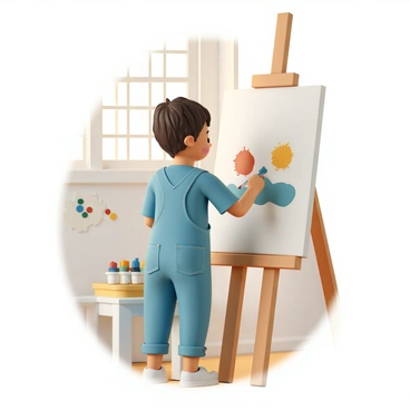 A young child, wearing a bright blue t-shirt and denim overalls, is standing at a wooden easel. The easel holds a canvas, and the child is actively painting with a large brush, using a mix of colors including red, yellow, and blue. Sunlight streams through a nearby window, casting a warm glow in the room. The walls are painted a light color, and colorful drawings are scattered around the room. A small table next to the easel holds a palette with different paint colors and a few brushes. The child has a focused expression, with a splash of paint on their cheek.