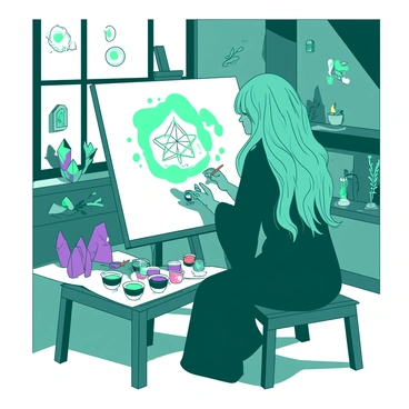 A teal witch with long flowing hair is focused on painting mystical symbols on a large white canvas. The canvas is set on an easel, and a variety of colorful paint pots are arranged on a table nearby. Sunlight streams through a window, casting shadows across the studio floor. The walls of the studio are adorned with various magical artifacts, including crystals and herbs, adding to the enchanting atmosphere. The witch is wearing a dark robe, and her hands are skillfully applying vibrant colors to the canvas.