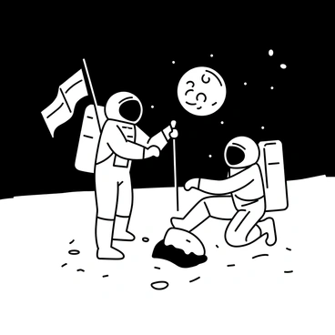 Two astronauts in space suits are planting a flag on the surface of the moon. One astronaut is holding the flagpole while the other is securing it into the lunar soil. The flag is fluttering slightly in the lunar breeze. In the background, the Earth is visible, appearing as a large, round shape against the black sky. The lunar surface is covered with gray dust and scattered rocks, creating a rugged terrain around the astronauts.