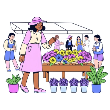 A stylish French girl with shoulder-length dark hair, wearing a light pastel dress and a wide-brimmed hat, is browsing fresh flowers at a local market. She is standing beside a wooden stall filled with a variety of colorful flowers, such as vibrant pink peonies, sunny yellow daisies, and rich purple lavender. The girl's hand reaches out to gently touch a bloom while she examines the selection. The market is bustling with other shoppers in the background, and there are green plants arranged around the stall, adding to the lively atmosphere.