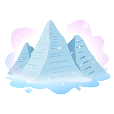 A mountain range is formed entirely from sheets of spreadsheets, with the lines and columns creating a rugged terrain. The peaks are tall and jagged, made from stacked spreadsheets displaying various numbers and graphs. "Snow" blankets the slopes, represented by small numerical figures and text scattered across the surface. The background features a gradient of pastel colors, blending softly from pink to blue, enhancing the surreal landscape. Light glimmers off the spreadsheet surfaces, casting subtle shadows in the valleys between the peaks.
