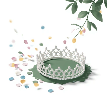 A beautiful tiara, adorned with sparkling gemstones and delicate silver filigree, rests on a grassy patch in the park. The gentle breeze causes the tiara to slightly tilt, revealing its intricate design. Surrounding the tiara are colorful flower petals, swirling gracefully in the air, creating a dynamic scene. Sunlight filters through the leaves of nearby trees, casting soft shadows on the ground, highlighting the beauty of the tiara and the enchanting atmosphere of the park.