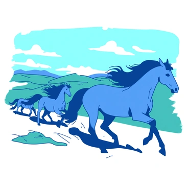 A duotone illustration features a herd of majestic horses galloping across the plains of Rohan. The horses are a vibrant blue, their manes flowing in the wind as they move swiftly. In the background, the vast plains stretch endlessly, with gentle hills rolling under a sky of deep teal. The hooves of the horses kick up clouds of dust that shimmer in the sunlight, creating a dynamic scene of movement and freedom.