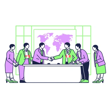 Several representatives from different countries are engaged in a handshake at a large conference table. Each representative wears formal attire, reflecting their respective cultures, with flags of their countries visible on small stands in front of them. The setting features a spacious room with large windows, allowing natural light to illuminate the scene. In the background, a large screen displays a world map. The atmosphere conveys a sense of diplomacy and cooperation as the representatives engage in this gesture of agreement.
