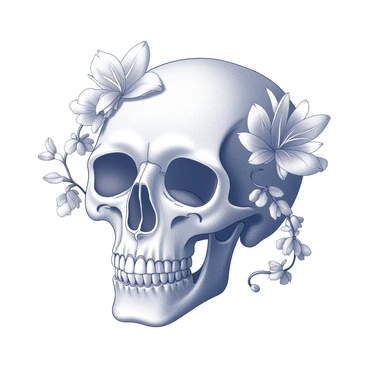 A skull positioned in the center of the image. The skull is adorned with various types of flowers, featuring intricate details on the petals and leaves. Vines wrap around the skull, creating a natural, flowing pattern. The composition emphasizes the contrast between the hard surface of the skull and the softness of the flowers. The overall arrangement showcases a harmonious blend of elements, highlighting the skull's structure while showcasing the delicate beauty of the floral decorations.