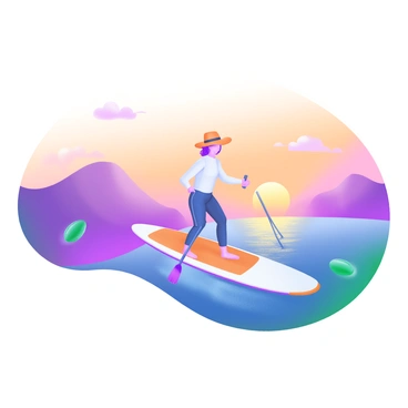 A person paddleboarding on a calm ocean at sunset