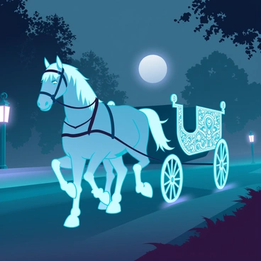 A ghostly horse-drawn carriage with translucent, ethereal horses moves silently down a foggy street illuminated by faint moonlight. The carriage has ornate, intricate designs carved into its sides, glowing subtly with an eerie light. Wisps of mist swirl around the wheels, creating an otherworldly atmosphere. The street is lined with shadowy trees and dimly lit lanterns that cast elongated shadows. The overall scene is imbued with a sense of mystery and the supernatural.