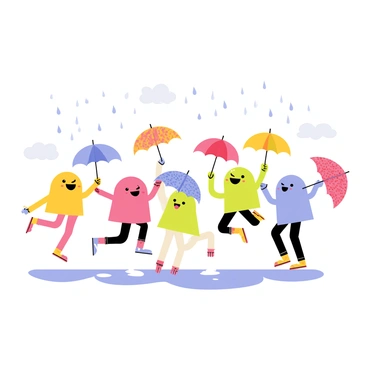 Peeps dancing with umbrellas in a gentle rain shower