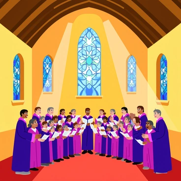 A large choir of singers is performing inside a grand cathedral. The singers are arranged in a semi-circle, wearing elegant choir robes in rich colors. Behind them, magnificent stained glass windows showcase intricate designs and vibrant hues, casting colorful light onto the scene. The high ceiling features ornate wooden beams, while tall arches frame the windows beautifully. The atmosphere is filled with a sense of harmony and reverence, as soft beams of sunlight create a warm glow around the choir.