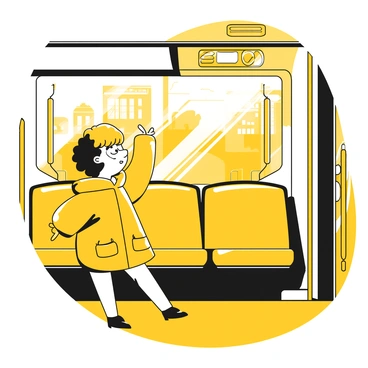 A child with short brown hair and wearing a yellow raincoat stands by a window in a metro train. The child's eyes are wide with excitement and curiosity as they gaze out at the scenery rushing by. Outside the window, a blurred view of buildings and trees can be seen, indicating a fast-moving train. The interior of the metro features yellow and black seats and handrails. The atmosphere is filled with a sense of adventure as the child experiences their first ride on the metro.