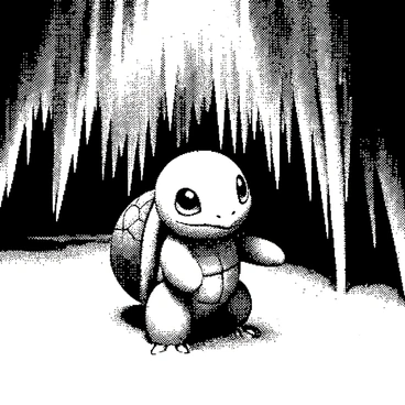 A Squirtle is positioned in the center of an icy cave, surrounded by glistening ice formations. The cave walls are adorned with sharp icicles that hang down, reflecting light in various angles. The floor is covered in a smooth layer of ice that glimmers under the soft light. The Squirtle has a curious expression on its face as it inspects the unique textures of the ice. Its shell has a glossy appearance, contrasting with the rough surfaces of the cave. In the background, subtle shadows hint at deeper parts of the cave, adding depth to the scene.