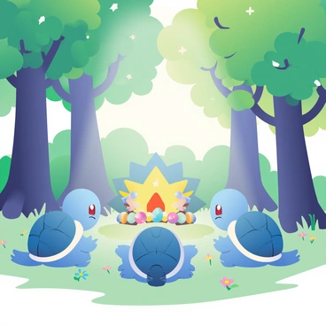 A group of four Squirtles is gathered in a mystical forest, surrounded by towering trees with vibrant green leaves. Each Squirtle has a slightly different shade of blue on its shell. They are positioned in a circle, with their heads bowed in reverence. In the center of the circle, there is a large ceremonial crown made of shimmering stars and iridescent gems, glowing softly in the twilight. The ground is covered in lush grass and scattered flowers, with ethereal light filtering through the branches above, casting a magical glow on the scene. The atmosphere is filled with a sense of unity and celebration as the Squirtles participate in their ritual.