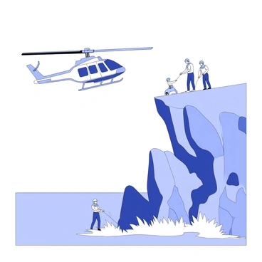 A helicopter is descending towards a rocky coastal cliff. The helicopter has a prominent rotor system with blades in motion, and it casts a shadow on the jagged rocks below. There are several rescue team members positioned on the cliff, wearing safety gear and looking towards the helicopter. One of them is extending a rescue line, while another is preparing a stretcher. The ocean can be seen crashing against the rocks in the background, with waves splashing around the base of the cliff. The sky above is clear, indicating favorable conditions for the rescue operation.