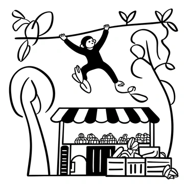 A monkey swinging from tree to tree, stealing bananas from a market stall