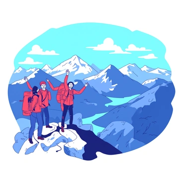 A group of hikers is standing triumphantly at the peak of a mountain. The hikers are wearing colorful outdoor gear in shades of red and blue. They are smiling and raising their arms in celebration, showcasing their accomplishment. In the background, expansive views of jagged mountains and valleys stretch out under a bright blue sky. Wispy clouds drift across the horizon, casting soft shadows on the rugged terrain below. The sunlight illuminates the scene, highlighting the lush greenery of the valleys and the rocky surfaces of the mountain peaks.