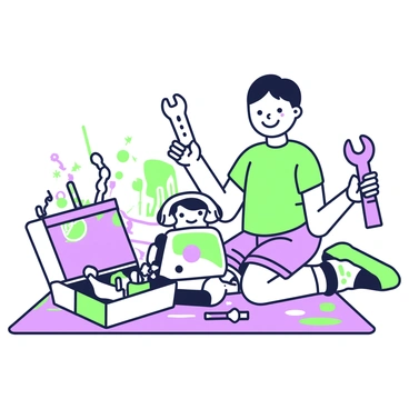 A child is kneeling on a play mat, which features various shapes and colors. The child has short hair and is wearing a bright t-shirt and shorts. In front of them is a toy robot, partially disassembled, with some mechanical parts scattered around. The child is smiling and looking determined, holding a small wrench in their right hand while their left hand supports the robot. Next to the child, there is an open toolbox filled with various tools such as a screwdriver and pliers. The background shows a playful, vibrant environment filled with other toys.