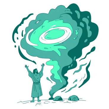 A magnificent whirlwind with swirling clouds as Job stands in awe