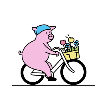 A pink pig, with a round body and small ears, is riding a vintage-style bicycle. The bicycle has a shiny chrome frame and a woven basket attached to the front. The basket is filled with various colorful flowers, including red tulips, yellow daisies, and blue forget-me-nots. The pig is wearing a small blue helmet, and its hooves are positioned on the handlebars as it pedals down a narrow path.