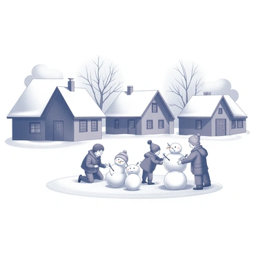 A village scene with several small houses, each featuring steep roofs that are blanketed in snow. The ground is covered in a thick layer of snow, creating a soft, white landscape. A group of children, bundled in winter clothing, are joyfully building snowmen. Each child is engaged in different tasks, with some rolling large snowballs while others are adding details like sticks for arms and buttons for eyes. Trees in the background are laden with snow, and the entire scene conveys a sense of winter activity and community joy.
