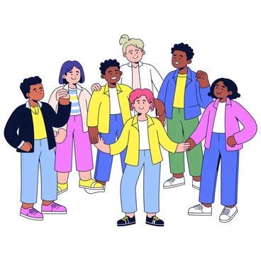 A diverse group of six people is standing in a circle with their hands joined together, symbolizing unity. The group includes individuals of varying ethnicities, including a Caucasian woman, a Black man, a Hispanic woman, an Asian man, and a Middle-Eastern woman. Each person is dressed in casual clothing with bright colors. The background is a simple, clear sky, allowing the focus to remain on the circle of people. Their expressions are cheerful and supportive, conveying a sense of togetherness.