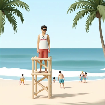 A lifeguard, wearing a red swimsuit and a white tank top with "Lifeguard" written in bold letters, stands watchfully on a tall beige beach tower. He is wearing sunglasses and has a whistle around his neck. The lifeguard is scanning the waves with a focused expression, his eyes slightly squinting in the sunlight. The beach is bustling with people, including families and children playing in the sand. In the background, the ocean is a vibrant blue, with white-capped waves gently rolling towards the shore. Palm trees can be seen framing the scene, swaying lightly in the breeze.