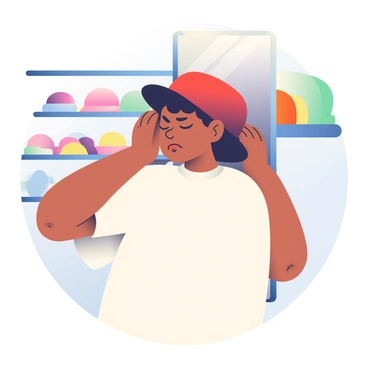 A person with light brown skin and curly black hair is standing in front of a mirror, wincing as they try on a hat that is too tight. The hat is deep red with a wide brim, pressing down on their head. They are wearing a casual white t-shirt, and their facial expression shows discomfort, with furrowed brows and slightly pursed lips. In the background, there are colorful hats on a display rack, and a soft, cozy atmosphere is indicated by the warm lighting surrounding them.