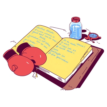 A yellow journal with a textured cover is open on a wooden table. The pages of the journal are filled with handwritten training notes and clearly defined goals in blue ink. Next to the journal, there is a pair of red boxing gloves resting on the table. In the background, there is a small water bottle and a stopwatch, suggesting a training environment. The journal's pages are slightly curled at the corners, adding a sense of use and dedication.