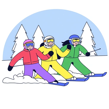 A group of three friends skiing down a snowy mountain slope. Each friend is wearing colorful ski jackets; one has a red jacket, another a yellow jacket, and the last one a green jacket. They are all wearing helmets and goggles. The background shows tall snow-covered pine trees and a clear blue sky. Snow is flying up around their skis as they descend with joyful expressions.