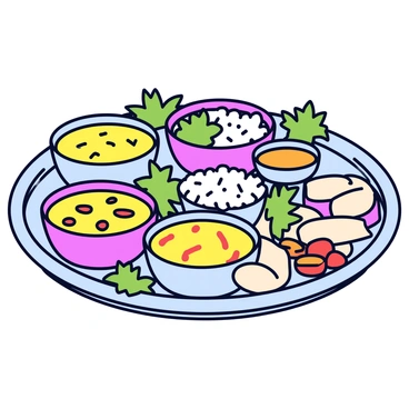 A Gujarati thali featuring an assortment of traditional dishes. The thali is round and made of stainless steel. It contains small bowls filled with colorful dishes including yellow dal, green sabzi, and white rice. There is a serving of khichdi, a bowl of sweet shrikhand, and a few pieces of thepla. On the side, there are pickles and a serving of papad. The thali is garnished with fresh coriander leaves, and the background showcases a simple table setting.