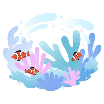 A vibrant coral reef is depicted with various shapes and sizes of coral formations, showcasing their intricate textures and colors. Nestled among the corals, several clownfish are darting in and out of the coral branches. The clownfish have bright orange bodies with contrasting white stripes. Sunlight filters through the water, creating soft patterns of light that dance across the coral. The scene is filled with a diverse array of small fish swimming around, and bubbles rise gently from the coral, enhancing the lively underwater atmosphere.