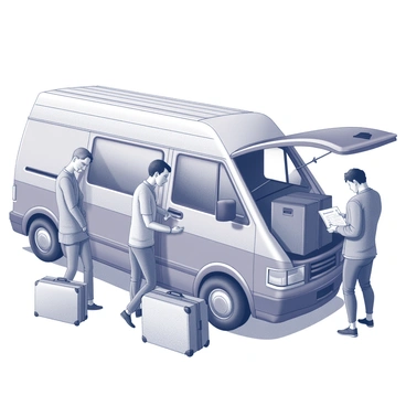 A group of three friends is gathered around a spacious van parked in a driveway. They are in the process of loading several Rimowa suitcases into the van's open trunk. One friend is lifting a silver suitcase with a sturdy handle, while another is placing a black suitcase next to it. The third friend is checking off items on a list while standing beside the van. The scene is filled with excitement as they prepare for their weekend getaway, and casual clothing is evident on each of the friends. The atmosphere conveys a sense of adventure and camaraderie.