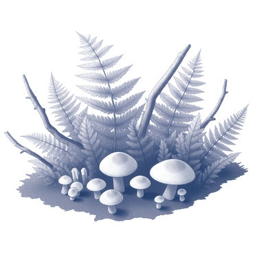 A close-up view of the forest floor. The ground is densely populated with various types of ferns, showcasing their intricate leaf patterns and textures. Scattered among the ferns are clusters of different mushrooms, displaying unique shapes and sizes. Twigs of varying lengths and thicknesses are intertwined throughout the scene, adding to the natural composition. The arrangement of these elements creates a complex and detailed tapestry of nature.
