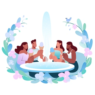 A group of four friends is sitting at a round table enjoying ice cream cones. They are surrounded by vibrant greenery and colorful flowers in a decorative park. In the center, there is a large fountain with water cascading down, creating a sparkling effect in the sunlight. The friends are dressed casually, with each holding a different flavor of ice cream. A few birds are perched on the edge of the fountain, adding liveliness to the scene.