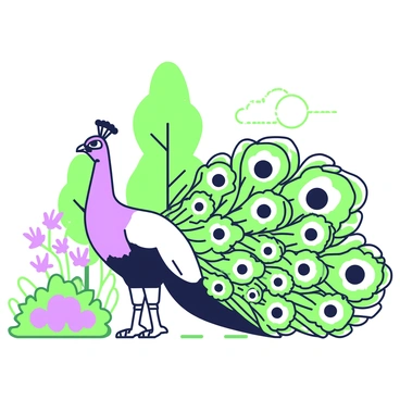 A peacock stands proudly in a lush garden, displaying its ornate feathers in a full fan. The feathers feature intricate patterns and a variety of shapes, with eye-catching details that draw attention. Surrounding the peacock, vibrant flowers bloom in clusters, creating a rich tapestry of natural beauty. Tall green plants frame the scene, highlighting the peacock's elegant posture as it struts on the soft ground. In the background, a few sun-dappled trees add depth to the garden setting.
