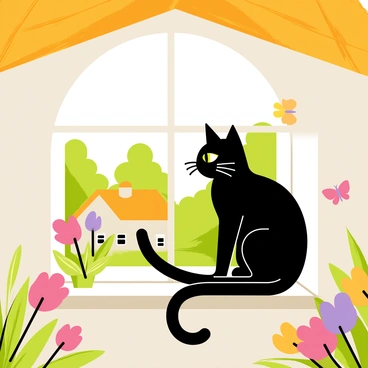 A black cat with bright green eyes is perched on the windowsill of a cozy countryside cottage. The cottage has a thatched roof and wooden beams, surrounded by lush greenery and blooming flowers in various colors. Sunlight filters through the window, casting soft shadows inside the room. The cat gazes outside, its tail curled around its body, while a few butterflies flutter nearby in the garden.