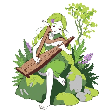An elf with long, flowing hair adorned with small flowers is seated gracefully on a mossy rock. The elf is playing a wooden harp, intricately carved with delicate patterns. Soft notes are emanating from the harp, creating a sense of harmony. Surrounding the elf are lush green ferns and vibrant wildflowers. Sunlight filters through the trees above, casting dappled shadows on the scene. The elf's expression is serene, focused on the music being played.